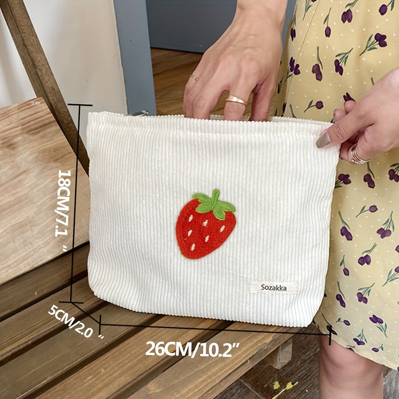 Large Capacity Strawberry Pattern Corduroy Cosmetic Bag