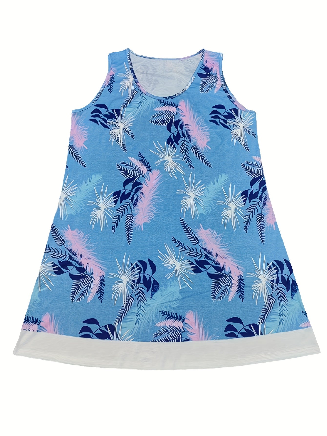  Tank Dress Colorblock Floral Print Round Neck Slight Stretch
