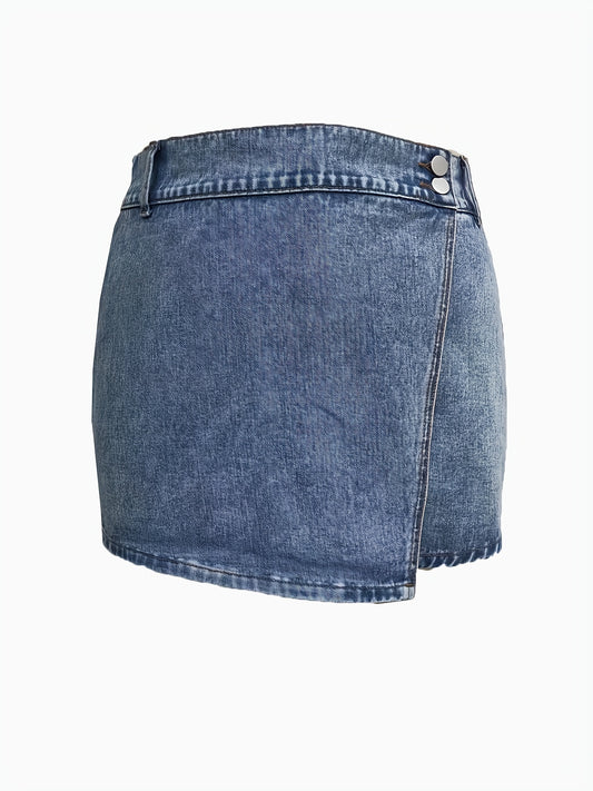  High Rise Denim Skort Elastic Button Decor