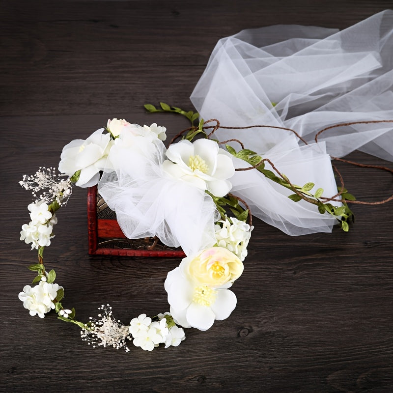 Flower Leaf Bridal Headband Tiara Veil For Women Bride Wedding