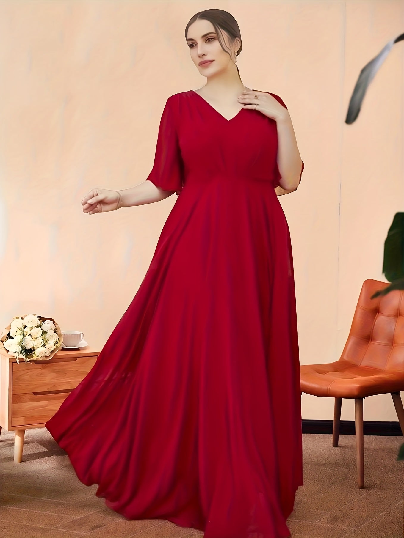  Bridesmaid Dress Solid Ruffle Sleeve V Neck Maxi Formal Party Dress