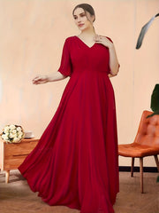  Bridesmaid Dress Solid Ruffle Sleeve V Neck Maxi Formal Party Dress