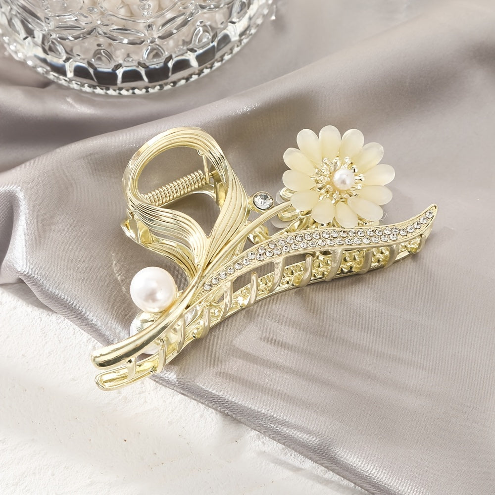Flower Pearl Rhinestone Hair Grab Strong Hold Grip Hair Jaw Clip For Thick Hair