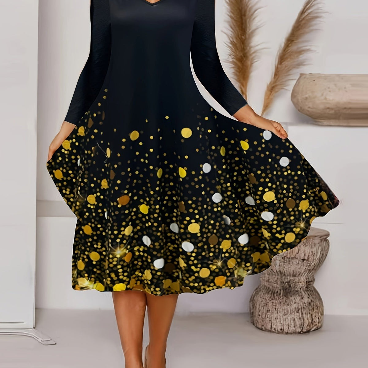 Women's Plus Glitter Sequin Print Long Sleeve V Neck Tee Dress