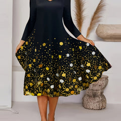 Women's Plus Glitter Sequin Print Long Sleeve V Neck Tee Dress