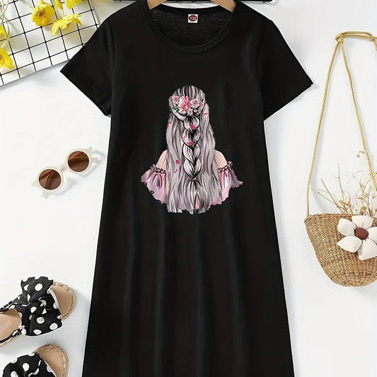 Girls Cartoon Figure Graphic Crew Neck Casual T Shirts Dress