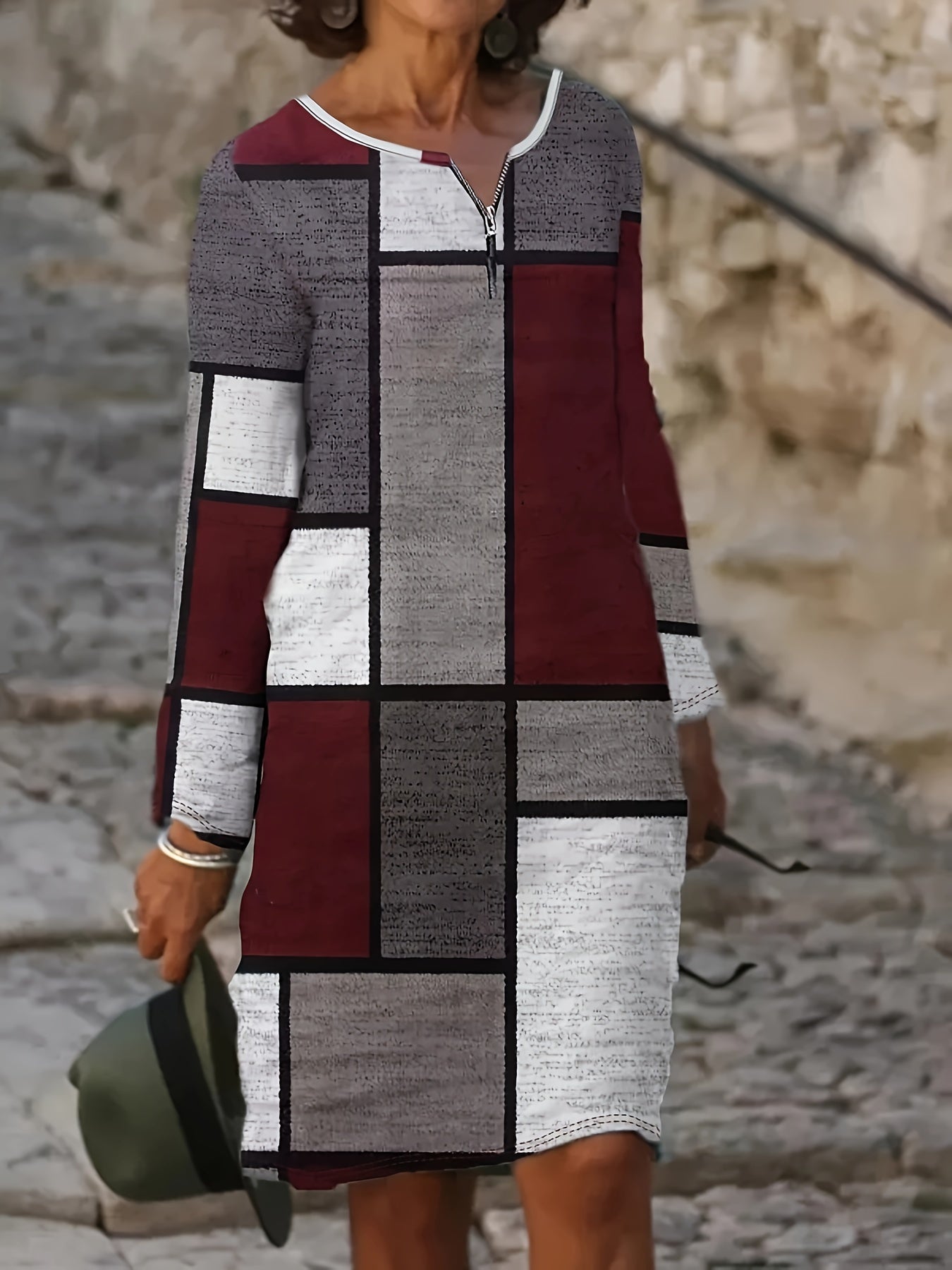  Patchwork Print Long Sleeve Dress