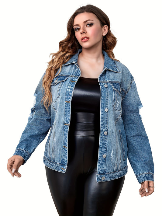  Casual Denim Top Women's Plus Washed Long Sleeve Button Up Jacket