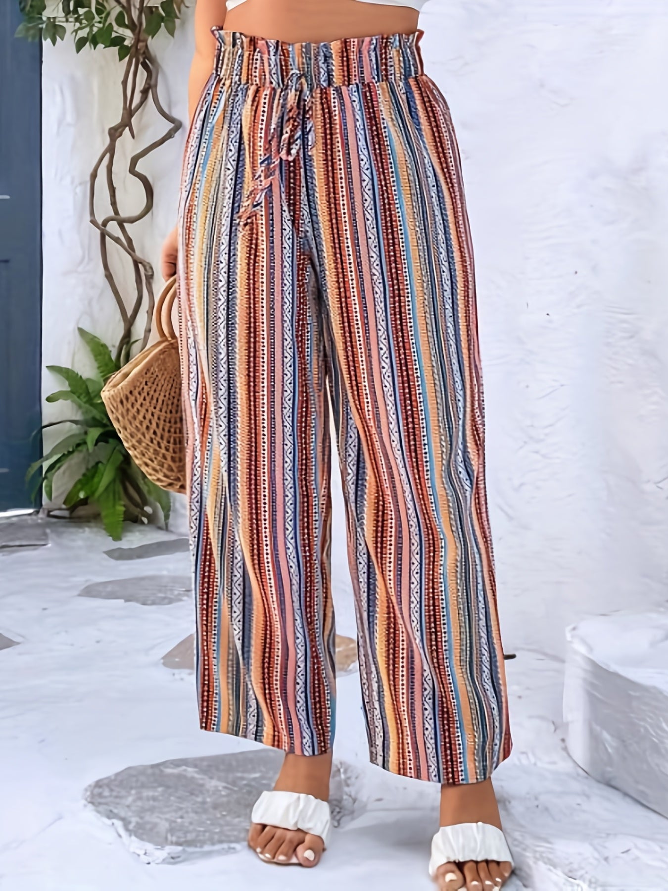  Colorblock Geometric Print Wide Leg Pants