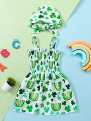 Girls Flower & Rainbow Frill Trim Shirred Dress & Headband Set