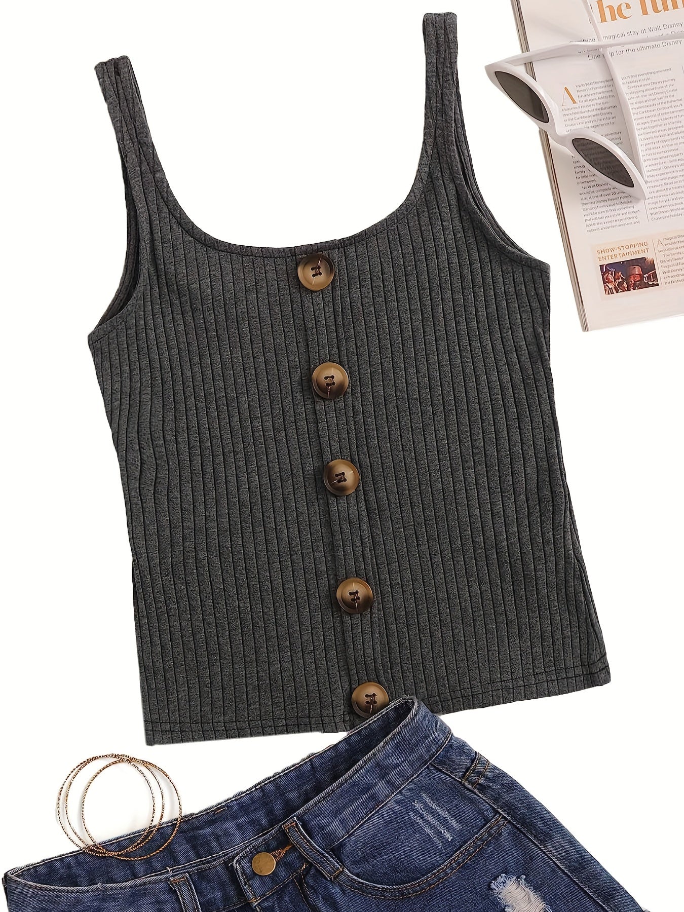 Ribbed Button Tank Top Crew Neck Sleeveless