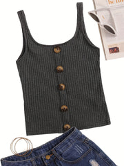 Ribbed Button Tank Top Crew Neck Sleeveless