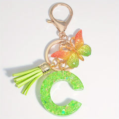 Resin Initial Letter Keychain with Butterfly Sequin Tassel Pendant