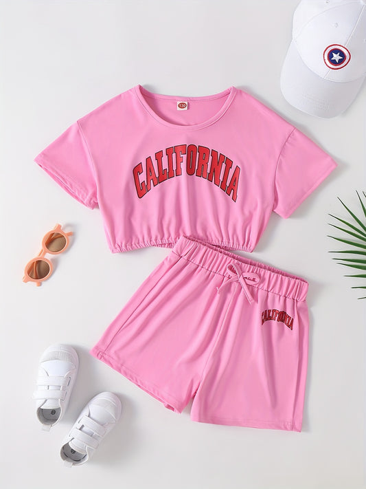 2pcs Girls CALIFORNIA Letter Graphic T Shirts & Bow Track Shorts Set