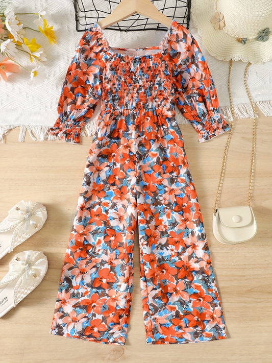 Girls Floral Print Square Neck Long Sleeve Jumpsuit