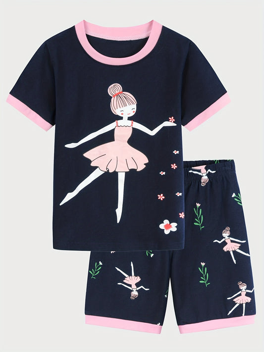 2pcs Toddler Girls Cotton Pajamas Set with Ballerina Graphic Tee & Floral Shorts