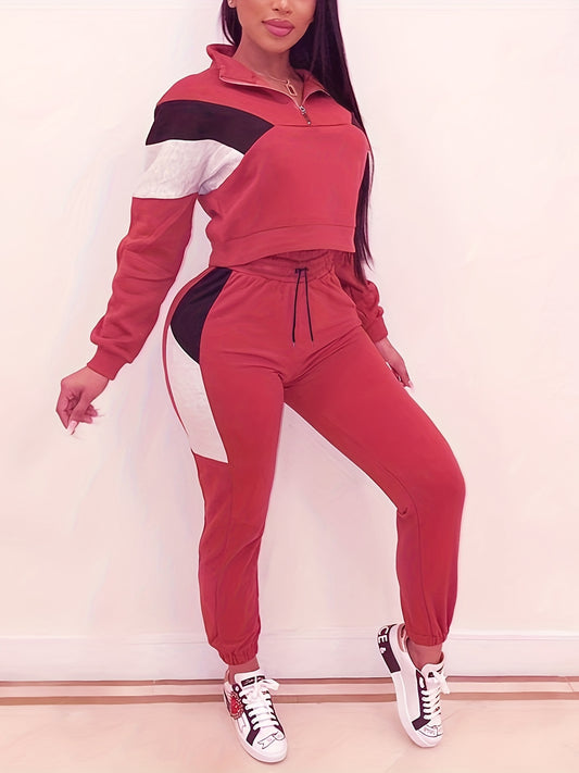  Patchwork Print Zip Up Pullover Top & Joggers Set