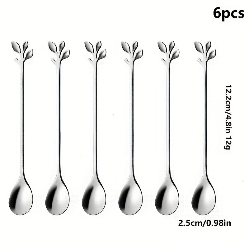 6pcs Stainless Steel Leaf Handle Dessert Spoon Fork Set