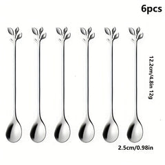 6pcs Stainless Steel Leaf Handle Dessert Spoon Fork Set