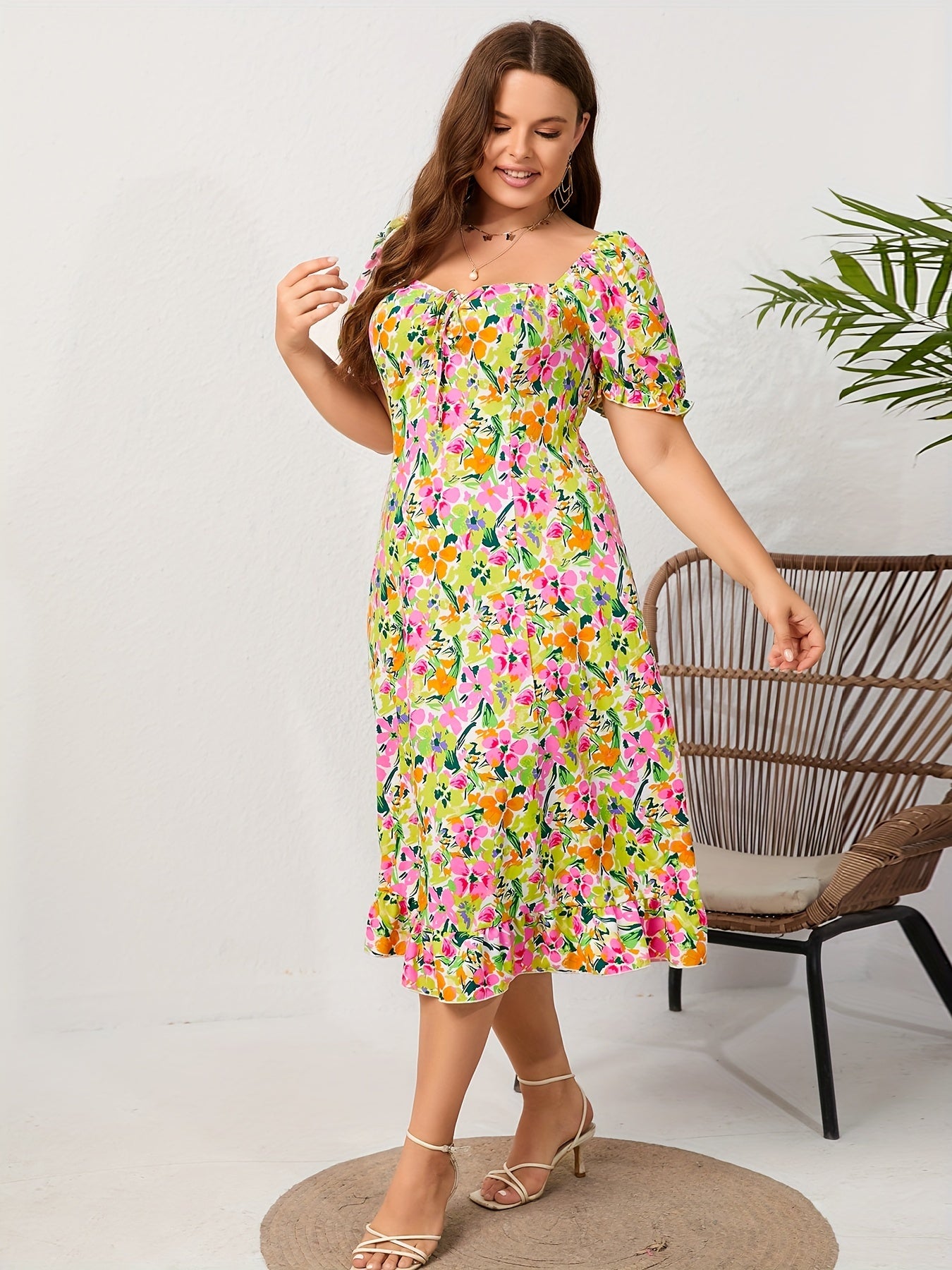  Ditsy Floral Print Ruffle Trim Puff Sleeve Maxi Dress