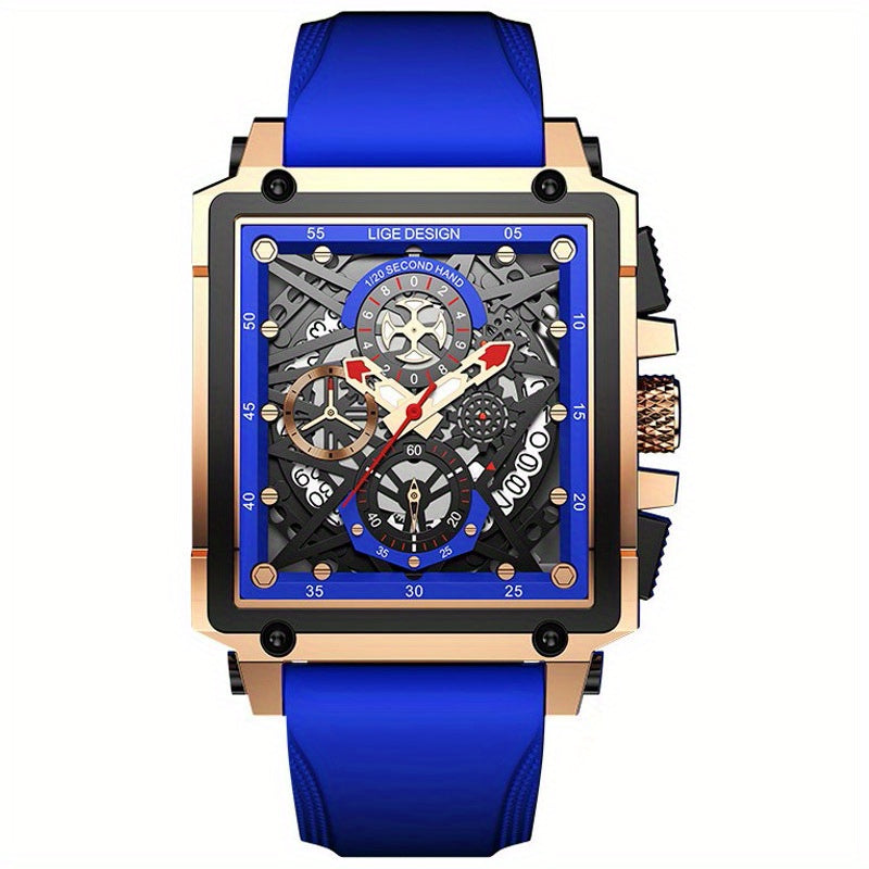 LIGE Boy's Top Hollow Square Sport Watch Leather Strap Waterproof Quartz WristWa