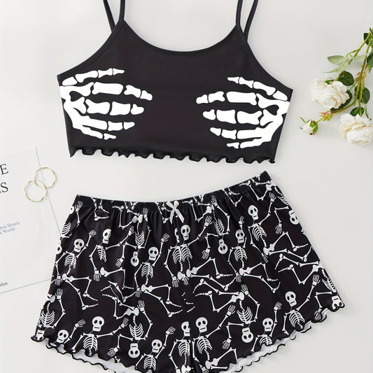 Skull Print Cami Top & Shorts Pajama Set Plus Size 2pcs Set