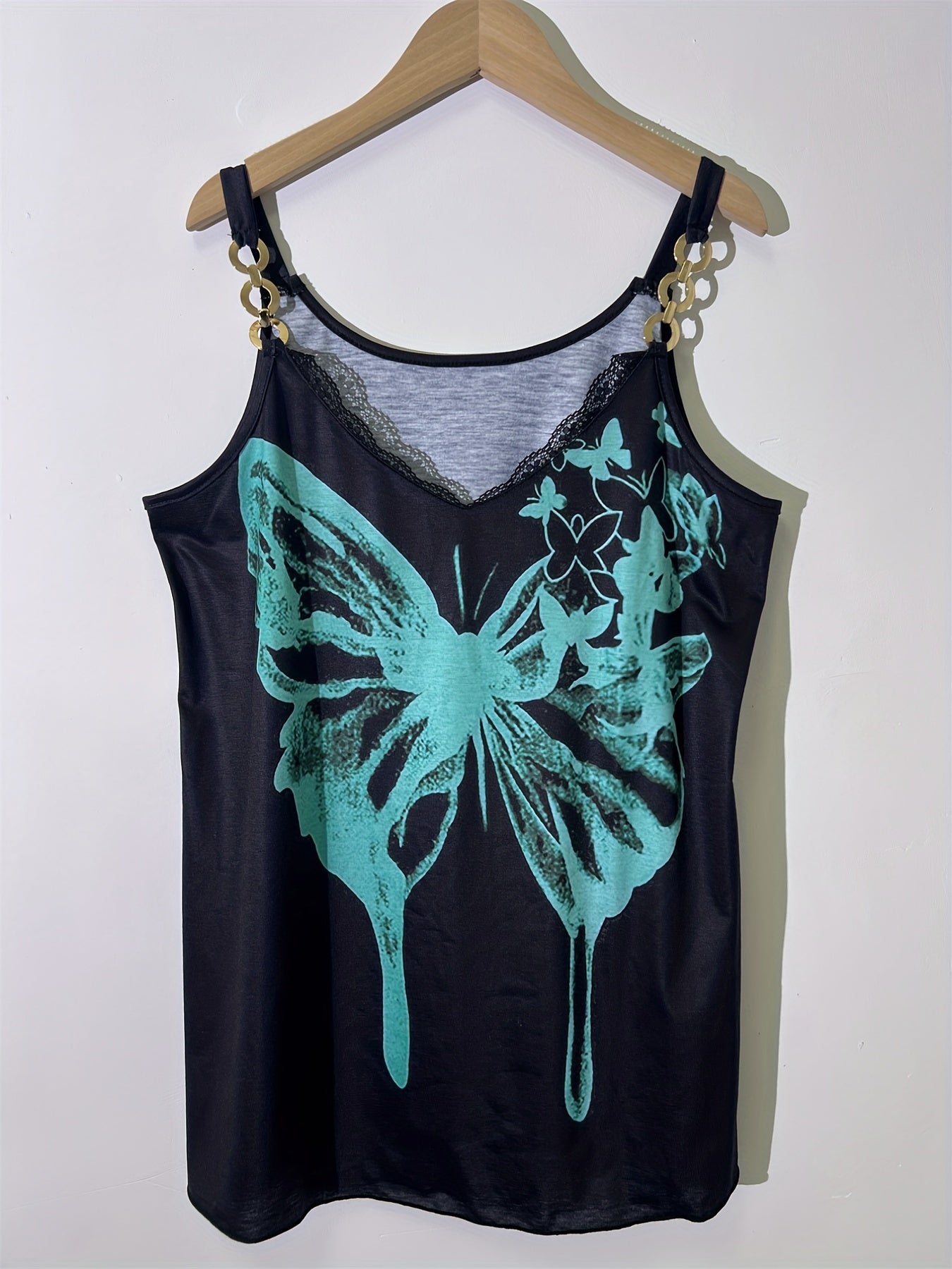 Butterfly Print Chain Strap Top Lace Spaghetti Strap for Women