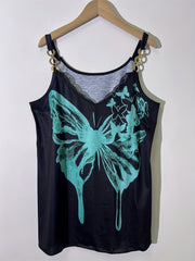 Butterfly Print Chain Strap Top Lace Spaghetti Strap for Women