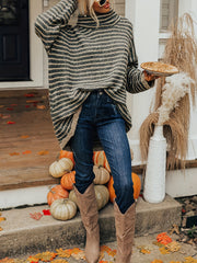 Women's Plus Stripe Print Chimney Collar Pullover Sweater