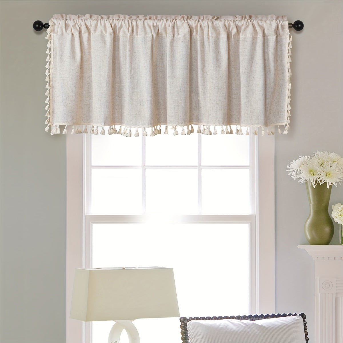 Coffee Tassel Lace Curtain with Rod Pocket for Home Decor