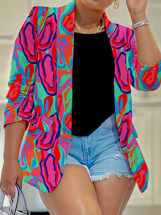  Casual Blazer Women's Plus Contrast Print Open Front Slim Fit Blazer