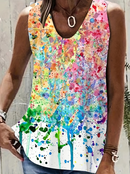  Women's Splash Print V Neck Tank Top