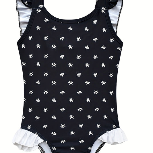 Girl's Ruffle Decor Onesie Swimsuit Floral Tankini Bathing Suit