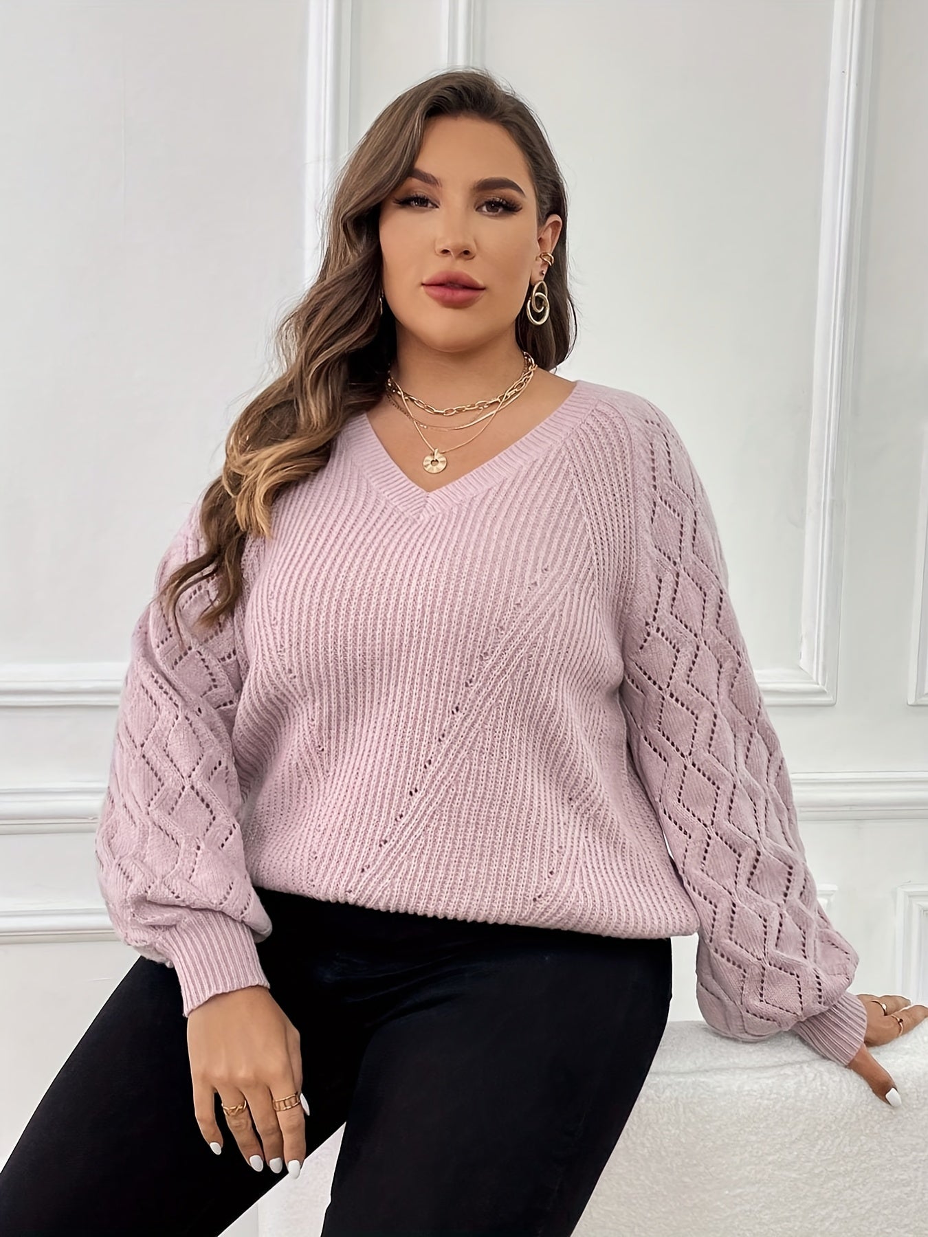  Solid Argyle Pattern Lantern Sleeve V Neck Sweater