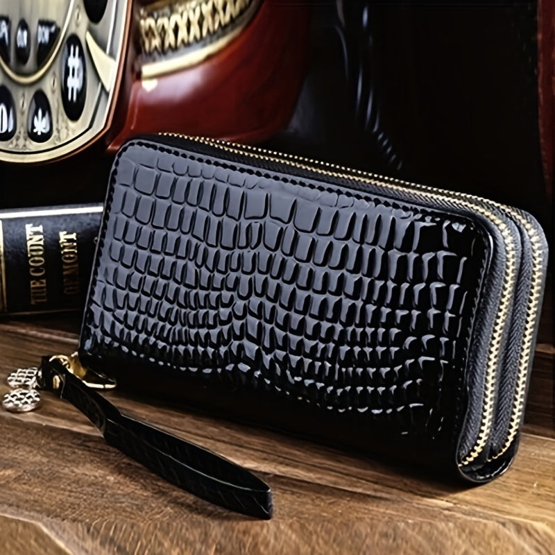 Crocodile Pattern Long Wallet with Double Zipper