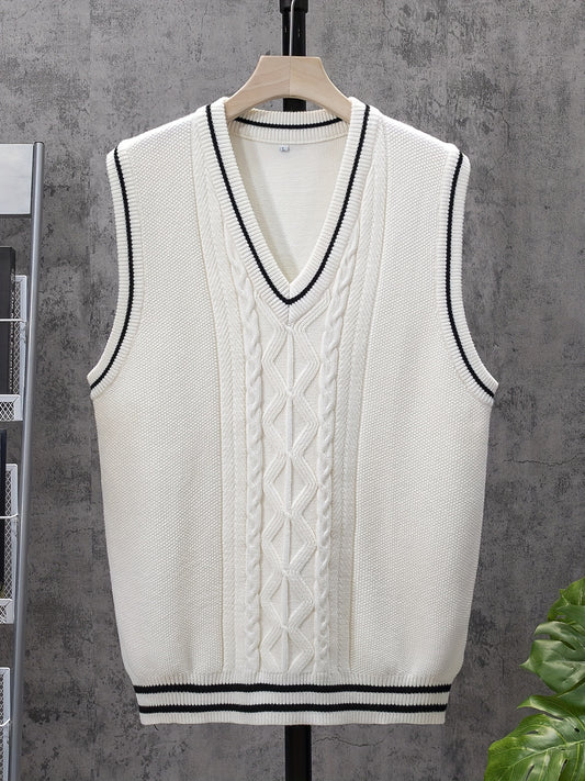 Men's V Neck Striped Knit Vest Sleeveless Sweater