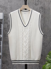 Men's V Neck Striped Knit Vest Sleeveless Sweater