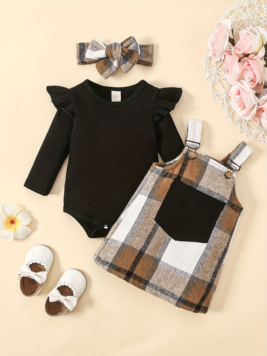 Baby Girls Cotton Ribbed Flutter Sleeve Bodysuit Plaid Suspender Skirt Set