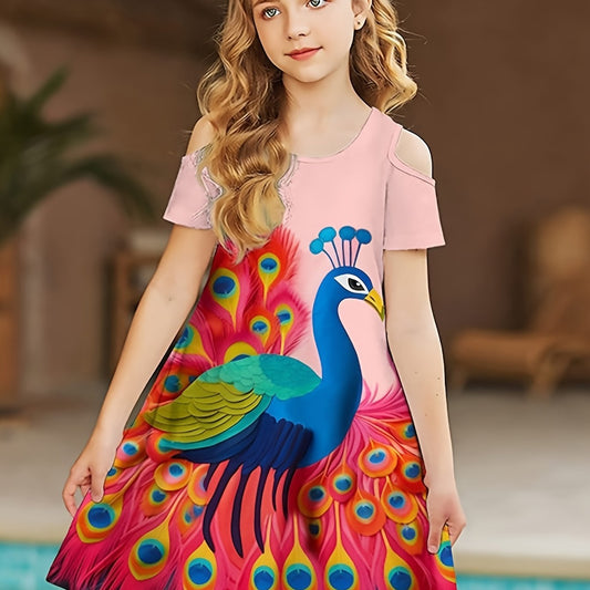 Girls Peacock Graphic Cold Shoulder Short Sleeve Dress Summer Clothes Party Gift
