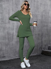 Ribbed Two Piece Set Long Sleeve Side Split Top & Pants