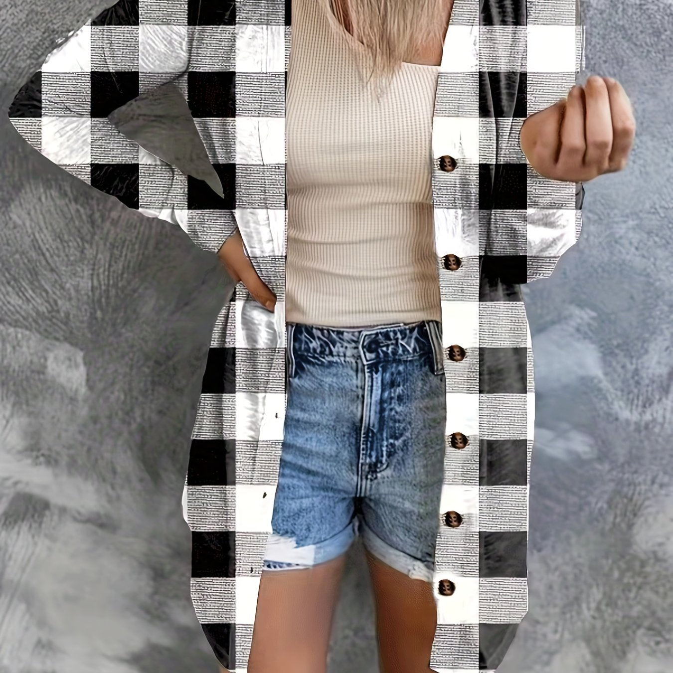  Gingham Print Button-Up Cardigan