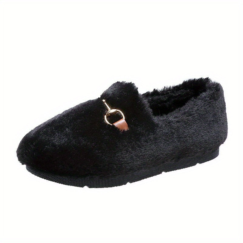 Women's Metal Decor Flat Loafers Plush Lined Shoes