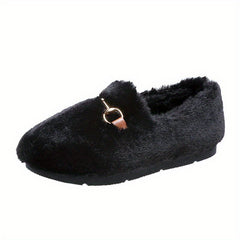 Women's Metal Decor Flat Loafers Plush Lined Shoes