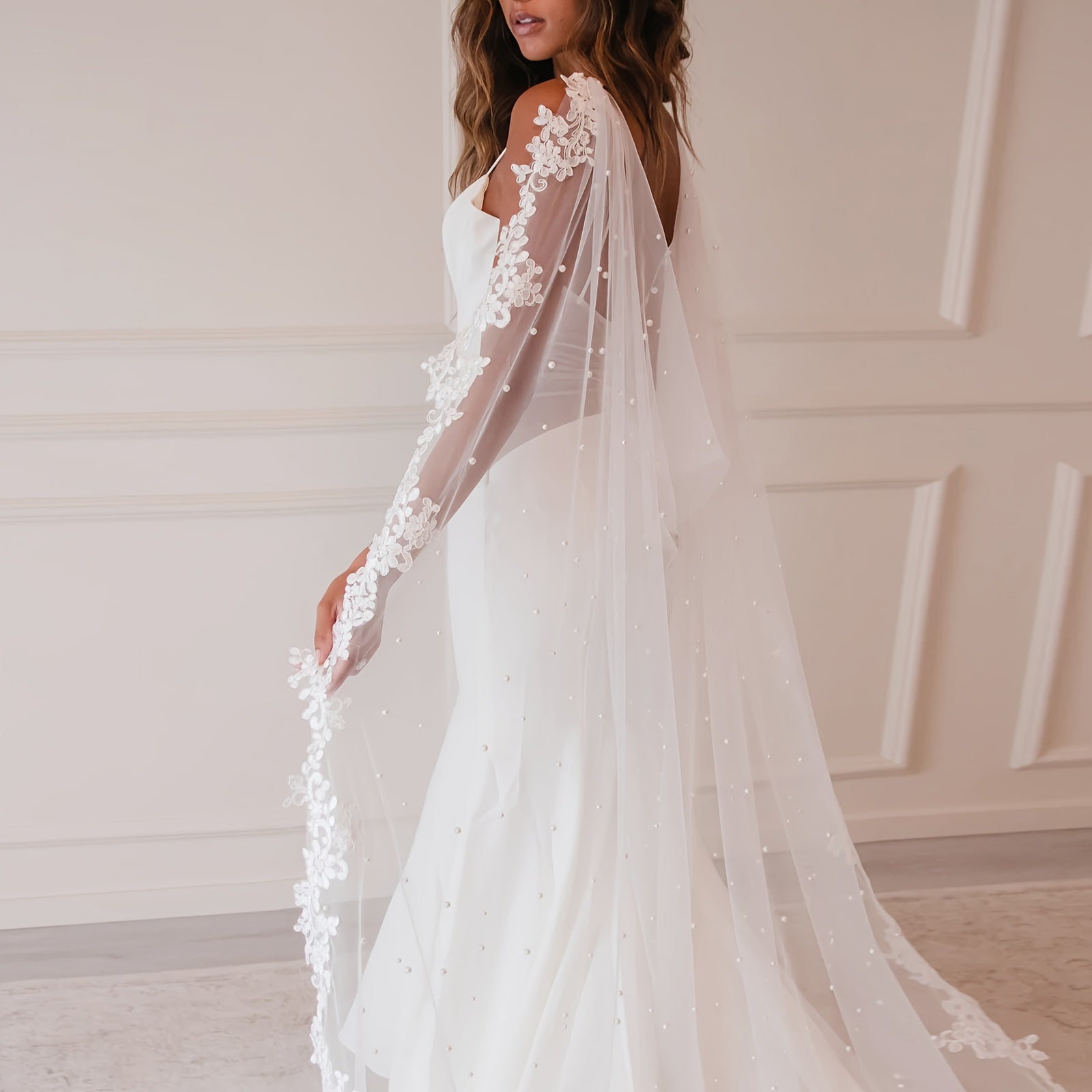 Glamorous Bridal Cape Veil with Pearl Beading and Floral Lace 2m Long Train