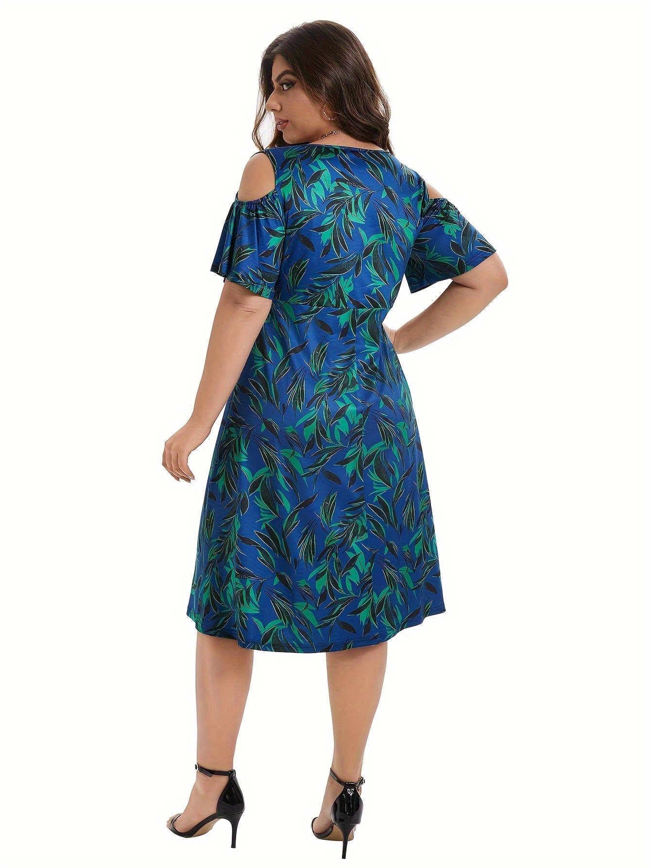 Plus Leaf Print Short Sleeve Cold Shoulder Midi Dress