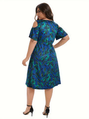 Plus Leaf Print Short Sleeve Cold Shoulder Midi Dress