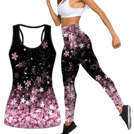  Sakura Print Tank Top & Leggings Yoga Outfit Set