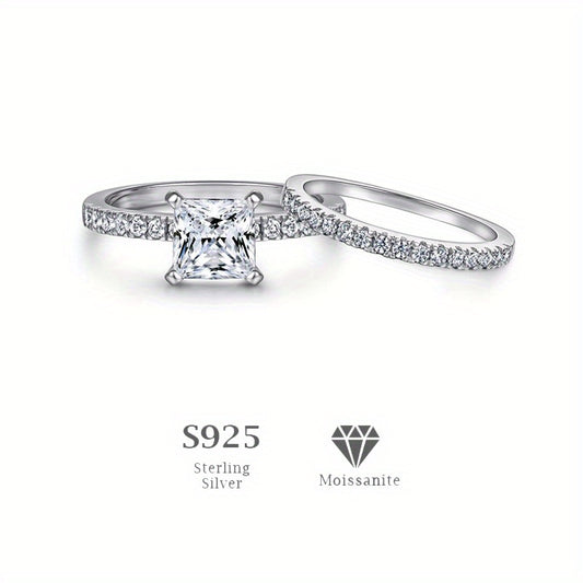 Moissanite Sterling Silver Bridal Ring Set - Princess Cut CZ Engagement Rings