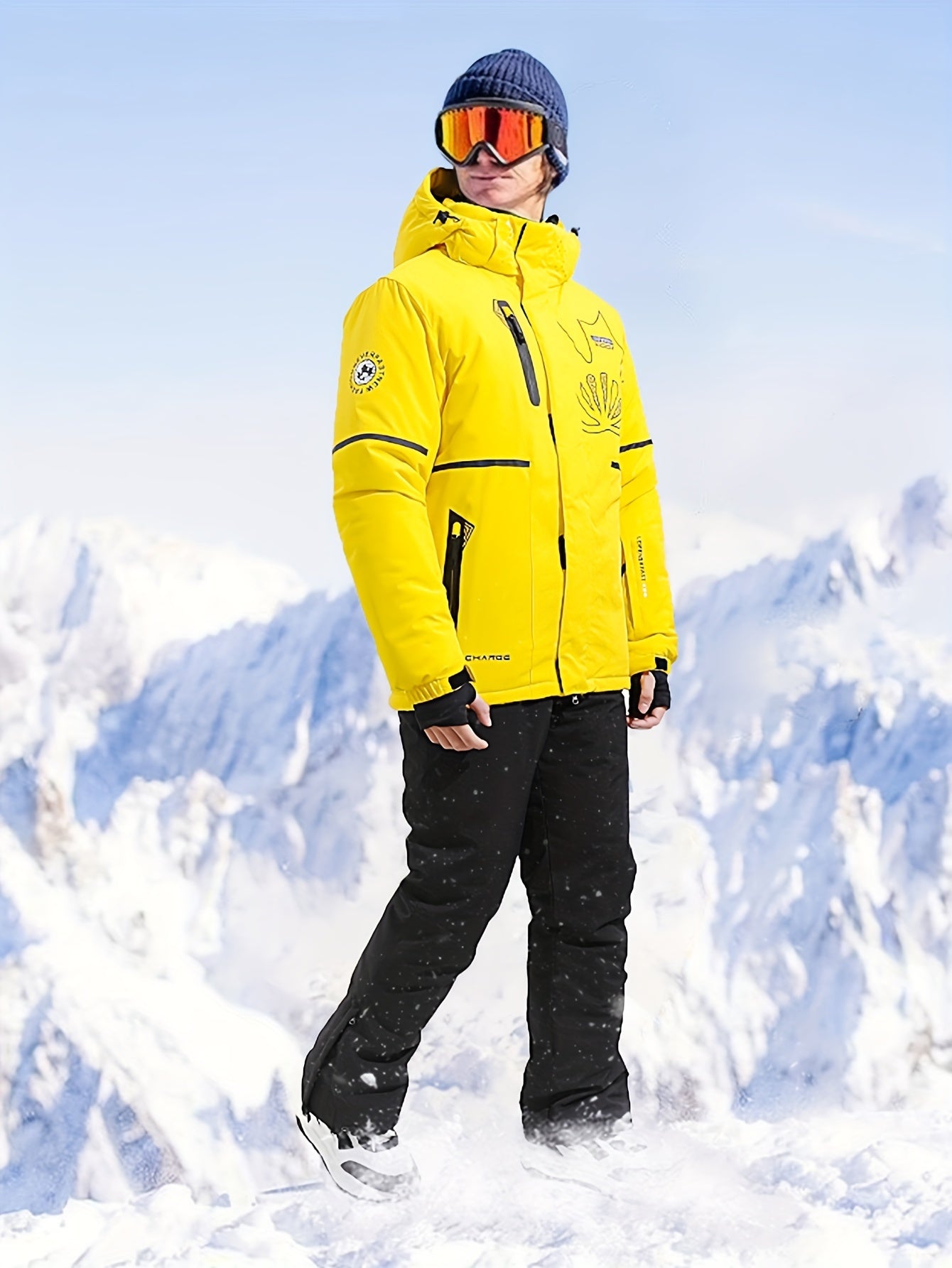 Men's Winter Skiing Outfits Zip Thick Warm Hooded Jacket And Thermal Solid Pants