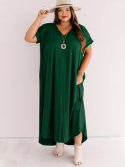  Solid Short Sleeve V Neck Maxi Dress